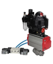 Кран шаровой DN.ru BV3232P(4pc)-SP-3WL-T-ISO-H 3/4″ Ду20 Ру63 стандартнопроходной трехходовой L-тип, нержавеющая сталь SS316, внутренняя резьба, уплотнение - PTFE, с пн.приводом DN.ru PA-DA-052 пн.распределителем 4V320-10 БПВ AFC2000 БКВ APL-510N-EX