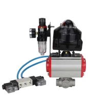 Кран шаровой DN.ru BV3232P(4pc)-SP-3WL-T-ISO-H 3/4″ Ду20 Ру63 стандартнопроходной трехходовой L-тип, нержавеющая сталь SS316, внутренняя резьба, уплотнение - PTFE, с пн.приводом DN.ru PA-DA-052 пн.распределителем 4V320-10 БПВ AFC2000 БКВ APL-510N-EX