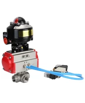 Кран шаровой DN.ru BV3232P(4pc)-SP-3WL-T-ISO-H 3/8″ Ду10 Ру63 стандартнопроходной трехходовой L-тип, нержавеющая сталь SS316, внутренняя резьба, уплотнение - PTFE, с пн.приводом DN.ru PA-DA-052 пн.распределителем 4V320-10 БКВ APL-510N-EX