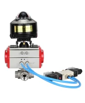 Кран шаровой DN.ru BV3232P(4pc)-SP-3WL-T-ISO-H 1″ Ду25 Ру63 стандартнопроходной трехходовой L-тип, нержавеющая сталь SS316, внутренняя резьба, уплотнение - PTFE, с пн.приводом DN.ru PA-DA-052 пн.распределителем 4V320-10 БКВ APL-510N-EX