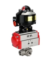 Кран шаровой DN.ru BV3232P(4pc)-SP-3WL-T-ISO-H 3/8″ Ду10 Ру63 стандартнопроходной трехходовой L-тип, нержавеющая сталь SS316, внутренняя резьба, уплотнение - PTFE, с пневмоприводом DN.ru PA-DA-52 и БКВ APL-510N-EX