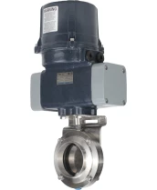 Затвор дисковый поворотный DN.ru WBV3131E-2W-C-H Ду100 Ру10 кламповый, корпус - пищевая нерж. сталь AISI 304, диск - нерж. сталь AISI 304, уплотнение - EPDM, с электроприводом четвертьоборотным DN.ru QTSA-N-003EM-O0-220VAC с пружинным возвратом