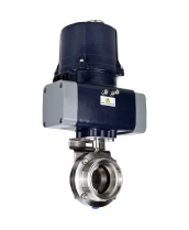 Затвор дисковый поворотный DN.ru WBV3131E-2W-T-H Ду15 Ру10 резьбовой, корпус - пищевая нержавеющая сталь AISI 304, диск - нержавеющая сталь AISI 304, уплотнение - EPDM, с электроприводом четвертьоборотным DN.ru QTSA-N-003EM-O0-220VAC с пружинным возвратом