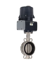 Затвор дисковый поворотный DN.ru WBV3232E-2W-Fb-H Ду100 Ру16, корпус - нержавеющая сталь AISI 316L, диск - нержавеющая сталь 316L, уплотнение - EPDM, с электроприводом DN.ru QTSA-N-014EM-O0-220VAC с пружинным возвратом