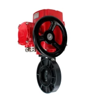Затвор дисковый поворотный DN.ru WBV4242E-2W-Fb-ISO Дн50 Ру10 межфланцевый, корпус - НПВХ, диск - НПВХ, уплотнение - EPDM, с электроприводом взрывозащищенный DN.ru QT-EX-005M-O2-380VAC-У1 с моментной муфтой и штурвалом