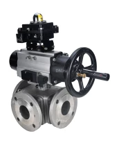 Кран шаровой DN.ru BV3232P(4pc)-FP-3WL-F Ду100 Ру16 полнопроходной трехходовой, фланцевый, корпус - нержавеющая сталь SS316, с пневмоприводом DN.ru PA-DA-105-1 двойного действия, пневмораспределителем 4M310-08 220В и БКВ APL-410N EX