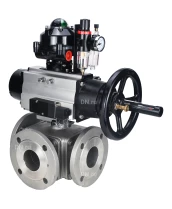 Кран шаровой DN.ru BV3232P(4pc)-FP-3WL-F Ду100 Ру16 полнопроходной трехходовой, фланцевый, корпус - нержавеющая сталь SS316, с пневмоприводом DN.ru PA-DA-105-1, пневмораспределителем 4M310-08 220В, БКВ APL-510N EX и БПВ AFC2000
