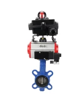 Затвор дисковый поворотный DN.ru WBV1413E-2W-Fb-H Ду40 Ру16, корпус - чугун GGG50, диск - чугун GGG40, уплотнение - EPDM, с пневмоприводом DN.ru PA-DA-052 двойного действия, с пневмораспределителем 4M310-08 24В, с БКВ APL-410N EX