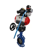 Затвор дисковый поворотный DN.ru WBV1413E-2W-Fb-H Ду80 Ру16, корпус - чугун GGG50, диск - чугун GGG40,  EPDM, с пневмоприводом PA-DA-083, с пневмораспределителем 4M310-08 24В, с БКВ APL-210N, с ручным дублером MON2-450-T28-ISO, с БПВ AFC2000