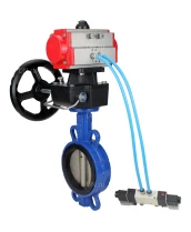 Затвор дисковый поворотный DN.ru WBV1413E-2W-Fb-H Ду100 Ру16, корпус - чугун GGG50, диск - чугун GGG40, уплотнение - EPDM, с пневмоприводом DN.ru PA-DA-083 двойного действия, с пневмораспределителем 4V320-08 220В, с ручным дублером MON2-450-T28-ISO