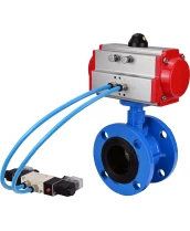 Затвор дисковый поворотный DN.ru WBV1313E-2W-F-H Ду100 Ру16 фланцевый, корпус - чугун GGG40, диск - чугун GGG40, уплотнение - EPDM, с пневмоприводом DN.ru PA-DA-105 и пневмораспределителем DN.ru 4V320-10 220В