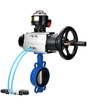 Затвор дисковый поворотный DN.ru WBV1413E-2W-Fb-H Ду150 Ру16, корпус - чугун GGG50, диск - чугун GGG40, уплотнение - EPDM, с пневмоприводом DN.ru PA-DA-105-1 двойного действия, с пневмораспределителем 4V320-10 220В, с БКВ APL-510N-EX