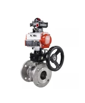 Кран шаровой DN.ru BV3232P(2pc)-FP-F-ISO-H Ду15 Ру40 фланцевый, полнопроходной, двухсоставной, корпус - нерж.сталь SS316, уплотнение - PTFE, с пн.приводом DN.ru PA-DA-052 пн.распределителем 4V320-08 редуктором MON1-250-T26-ISO БКВ APL-510N-EX
