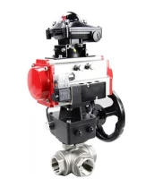 Кран шаровой DN.ru BV3232P(4pc)-SP-3WL-T-ISO-H 2″ Ду50 Ру63 стандартнопроходной трехходовой L-тип, нержавеющая сталь SS316, внутренняя резьба, PTFE, с пн.приводом PA-DA-065 пн.распределителем 4V320-08 редуктором MON1-250-T26-ISO БКВ APL-510N-EX