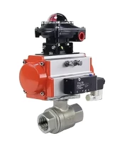 Кран шаровой DN.ru BV3232P(2pc)-FP-T-ISO-H Ду25 Ру63 полнопроходной, внутренняя резьба, нержавеющая сталь 316, уплотнение - PTFE, с пневмоприводом PA-SA-052, пневмораспределителем 4V320-10 220В, БКВ APL-510N EX