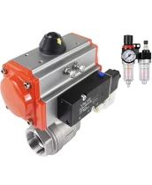 Кран шаровой DN.ru BV3232P(2pc)-FP-T-ISO-H Ду25 Ру63 полнопроходной, внутренняя резьба, нержавеющая сталь 316, уплотнение - PTFE, с пневмоприводом PA-SA-052, пневмораспределителем 4V320-10 220В, БПВ AFC2000