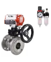 Кран шаровой DN.ru BV3232P(2pc)-FP-F-ISO-H Ду15 Ру40, фланцевый, полнопроходной, двухсоставной, нержавеющая сталь SS316, уплотнение - PTFE, с пневмоприводом PA-DA-052, с пневмораспределителем 4V320-08 220В, ручным дублером MON1-250-T26-ISO, БПВ AFC2000