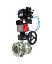 Кран шаровой DN.ru BV3232P(2pc)-FP-F-ISO-R Ду200 Ру16 полнопроходной двухходовой, нержавеющая сталь 316, фланцевый, PTFE, с пневмоприводом PA-DA-140 двойного действия, пневмопозиционером YT-1000RSN с обратной связью и редуктором MON4-1200-T54-ISO