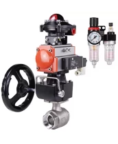 Кран шаровой DN.ru BV3232P(2pc)-FP-T-ISO-H Ду15 Ру63 полнопроходной, внутренняя резьба, нержавеющая сталь 316, уплотнение - PTFE, с пневмоприводом PA-DA-065, пневмораспределителем 4V320-10 220В, БКВ APL-210N, ручным дублером MON1-250-T26-ISO, БПВ AFC2000