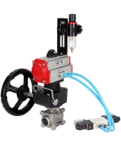 Кран шаровой DN.ru BV3232P(3pc)-FP-W-ISO-H WDVF Ду25 Ру63 полнопроходной, трехсоставной, нержавеющая сталь 316, уплотнение - PTFE, под приварку, с пневмоприводом PA-DA-052, пн.распределителем 4V320-08 220В, ручным дублером MON1-250-T26-ISO, БПВ AFC2000