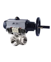 Кран шаровой DN.ru BV3232P(4pc)-SP-3WL-T-ISO-H Ду80 Ру40, стандартнопроходной, четырехсоставной, корпус - нержавеющая сталь 316, уплотнение - PTFE, внутренняя резьба, с пневмоприводом PA-DA-105-1 двойного действия, пневмораспределителем 4V320-08 220В