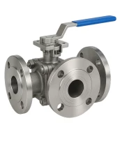 Кран шаровой DN.ru BV3232P(2pc)-FP-3WL-F-ISO-H Ду20 Ру16 HYMT, трехходовой L-тип, полнопроходной, фланцевый, материал корпуса - нержавеющая сталь SS316, с ISO фланцем и рукояткой