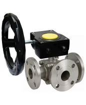 Кран шаровой DN.ru BV3232P(2pc)-FP-3WL-F-ISO-H Ду20 Ру16 HYMT, трехходовой L-тип, полнопроходной, фланцевый, корпус - нержавеющая сталь SS316, с редуктором HAM RQN1-180Z-T40