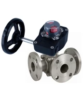 Кран шаровой DN.ru BV3232P(2pc)-FP-3WL-F-ISO-H Ду20 Ру16 HYMT, трехходовой L-тип, полнопроходной, фланцевый, корпус - нержавеющая сталь SS316, с редуктором HGB RQN1-180Z с визуальным указателем положения