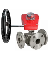 Кран шаровой DN.ru BV3232P(2pc)-FP-3WL-F-ISO-H Ду20 Ру16 HYMT, трехходовой L-тип, полнопроходной, фланцевый, корпус - нержавеющая сталь SS316, с редуктором HGBF RQN1-180Z с визуальным указателем положения и датчиком обратной связи