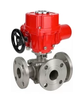 Кран шаровой DN.ru BV3232P(2pc)-FP-3WL-F-ISO-H Ду20 Ру16 HYMT, трехходовой L-тип, полнопроходной, фланцевый, корпус - нержавеющая сталь SS316, с электроприводом QT-EX-005M-O2-220VAC-У1 с моментной муфтой и штурвалом