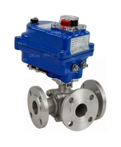 Кран шаровой DN.ru BV3232P(2pc)-FP-3WL-F-ISO-H Ду20 Ру16 HYMT, трехходовой L-тип, полнопроходной, фланцевый, корпус - нержавеющая сталь SS316, с электроприводом QT-N-003EM-O1-24VDC-У1 blue
