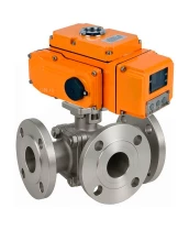 Кран шаровой DN.ru BV3232P(2pc)-FP-3WL-F-ISO-H Ду20 Ру16 HYMT, трехходовой L-тип, полнопроходной, фланцевый, корпус - нержавеющая сталь SS316, с электроприводом QT-N-005EM-A1-220VAC-У1 c датчиком обратной связи и входным управляющим сигналом 4-20 мА HARK