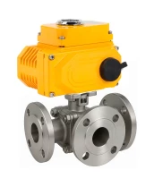Кран шаровой DN.ru BV3232P(2pc)-FP-3WL-F-ISO-H Ду20 Ру16 HYMT, трехходовой L-тип, полнопроходной, фланцевый, корпус - нержавеющая сталь SS316, с электроприводом QT-N-005EM-O1-24VDC-У1