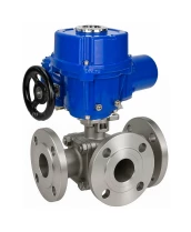 Кран шаровой DN.ru BV3232P(2pc)-FP-3WL-F-ISO-H Ду80 Ру16 HYMT, трехходовой L-тип, полнопроходной, фланцевый, корпус - нержавеющая сталь SS316, с электроприводом QT-N-010M-O2-220VAC-У1 с моментной муфтой и штурвалом