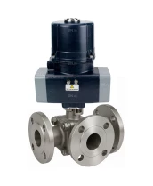 Кран шаровой DN.ru BV3232P(2pc)-FP-3WL-F-ISO-H Ду20 Ру16 HYMT, трехходовой L-тип, полнопроходной, фланцевый, корпус - нержавеющая сталь SS316, с электроприводом QTSA-N-003EM-O0-220VAC с пружинным возвратом
