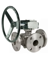 Кран шаровой DN.ru BV3232P(2pc)-FP-3WL-F-ISO-H Ду20 Ру16 HYMT, трехходовой L-тип, полнопроходной, фланцевый, корпус - нержавеющая сталь SS316, с редуктором RDN RQN2-150Z-T24