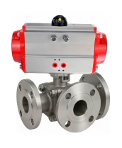 Кран шаровой DN.ru BV3232P(2pc)-FP-3WL-F-ISO-H Ду20 Ру16 HYMT, трехходовой L-тип, полнопроходной, фланцевый, корпус - нержавеющая сталь SS316, с пневмоприводом PA-DA-052 двойного действия