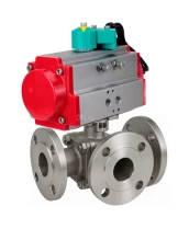 Кран шаровой DN.ru BV3232P(2pc)-FP-3WL-F-ISO-H Ду20 Ру16 HYMT, трехходовой L-тип, полнопроходной, фланцевый, корпус - нержавеющая сталь SS316, с пневмоприводом PA-DA-052 и магнитным переключателем ALS200D