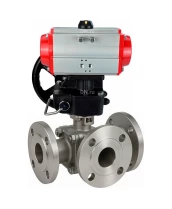 Кран шаровой DN.ru BV3232P(2pc)-FP-3WL-F-ISO-H Ду20 Ру16 HYMT, трехходовой L-тип, полнопроходной, фланцевый, корпус - нержавеющая сталь SS316, с пневмоприводом PA-DA-052 и ручным дублером MON1-250-T26-ISO