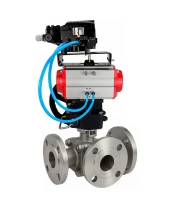 Кран шаровой DN.ru BV3232P(2pc)-FP-3WL-F-ISO-H Ду20 Ру16 HYMT, трехходовой L-тип, полнопроходной, фланцевый, корпус - нержавеющая сталь SS316, с пневмоприводом PA-DA-052, ручным дублером MON1-250-T26-ISO и пневмопозиционером YT-1000RSN без обратной связи