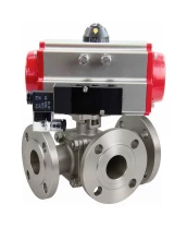 Кран шаровой DN.ru BV3232P(2pc)-FP-3WL-F-ISO-H Ду20 Ру16 HYMT, трехходовой L-тип, полнопроходной, фланцевый, корпус - нержавеющая сталь SS316, с пневмоприводом PA-DA-052 и пневмораспределителем 4М310-08 220В NAMUR