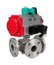 Кран шаровой DN.ru BV3232P(2pc)-FP-3WL-F-ISO-H Ду20 Ру16 HYMT, трехходовой L-тип, полнопроходной, фланцевый, корпус - нержавеющая сталь SS316, с пневмоприводом PA-DA-052, пневмораспределителем 4М310-08 220В NAMUR и магнитным переключателем ALS200D