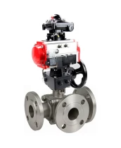 Кран шаровой DN.ru BV3232P(2pc)-FP-3WL-F-ISO-H Ду20 Ру16 HYMT, трехходовой L-тип, полнопроходной, фланцевый, корпус - нержав.сталь SS316, с пневмоприводом PA-DA-052, пн.распределителем 4М310-08 220В NAMUR, ручным дублером MON1-250-T26-ISO и БКВ APL-210N