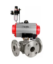 Кран шаровой DN.ru BV3232P(2pc)-FP-3WL-F-ISO-H Ду20 Ру16 HYMT, трехходовой L-тип, полнопроходной, фланцевый, корпус - нержавеющая сталь SS316, с пневмоприводом PA-DA-052, пневмораспределителем 4М310-08 220В NAMUR и БПВ AFC2000