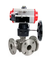 Кран шаровой DN.ru BV3232P(2pc)-FP-3WL-F-ISO-H Ду20 Ру16 HYMT, трехходовой L-тип, полнопроходной, фланцевый, корпус - нержавеющая сталь SS316, с пневмоприводом PA-DA-052, пневмораспределителем 4М310-08 220В NAMUR и ручным дублером MON1-250-T26-ISO