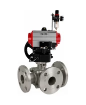 Кран шаровой DN.ru BV3232P(2pc)-FP-3WL-F-ISO-H Ду20 Ру16 HYMT, трехходовой L-тип, полнопроходной, фланцевый, корпус - нержав.сталь SS316, с пневмоприводом PA-DA-052, пневмораспределителем 4V320-08 AC220В, ручным дублером MON1-250-T26-ISO и БПВ AFC2000