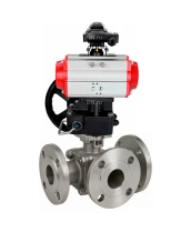 Кран шаровой DN.ru BV3232P(2pc)-FP-3WL-F-ISO-H Ду20 Ру16 HYMT, трехходовой L-тип, полнопроходной, фланцевый, корпус - нержавеющая сталь SS316, с пневмоприводом PA-DA-052, ручным дублером MON1-250-T26-ISO и БКВ APL-210N