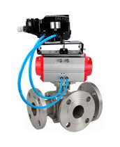 Кран шаровой DN.ru BV3232P(2pc)-FP-3WL-F-ISO-H Ду20 Ру16 HYMT, трехходовой L-тип, полнопроходной, фланцевый, корпус - нержавеющая сталь SS316, с пневмоприводом PA-DA-052 и пневмопозиционером YT-1000RSN без обратной связи