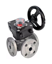 Кран шаровой DN.ru BV3232P(4pc)-FP-3WL-F-ISO-H Ду80 Ру16 полнопроходной трехходовой, нержавеющая сталь SS316, фланцевый, уплотнение - PTFE, с редуктором DN.ru HGB RQN3-680Z