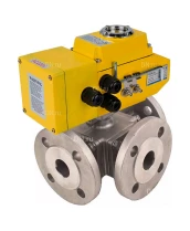 Кран шаровой DN.ru BV3232P(4pc)-FP-3WL-F-ISO-H Ду20 Ру16 полнопроходной трехходовой, нержавеющая сталь SS316, фланцевый, уплотнение - PTFE, с электроприводом четвертьоборотным DN.ru QT-N-005EM-A1-220VAC-У1